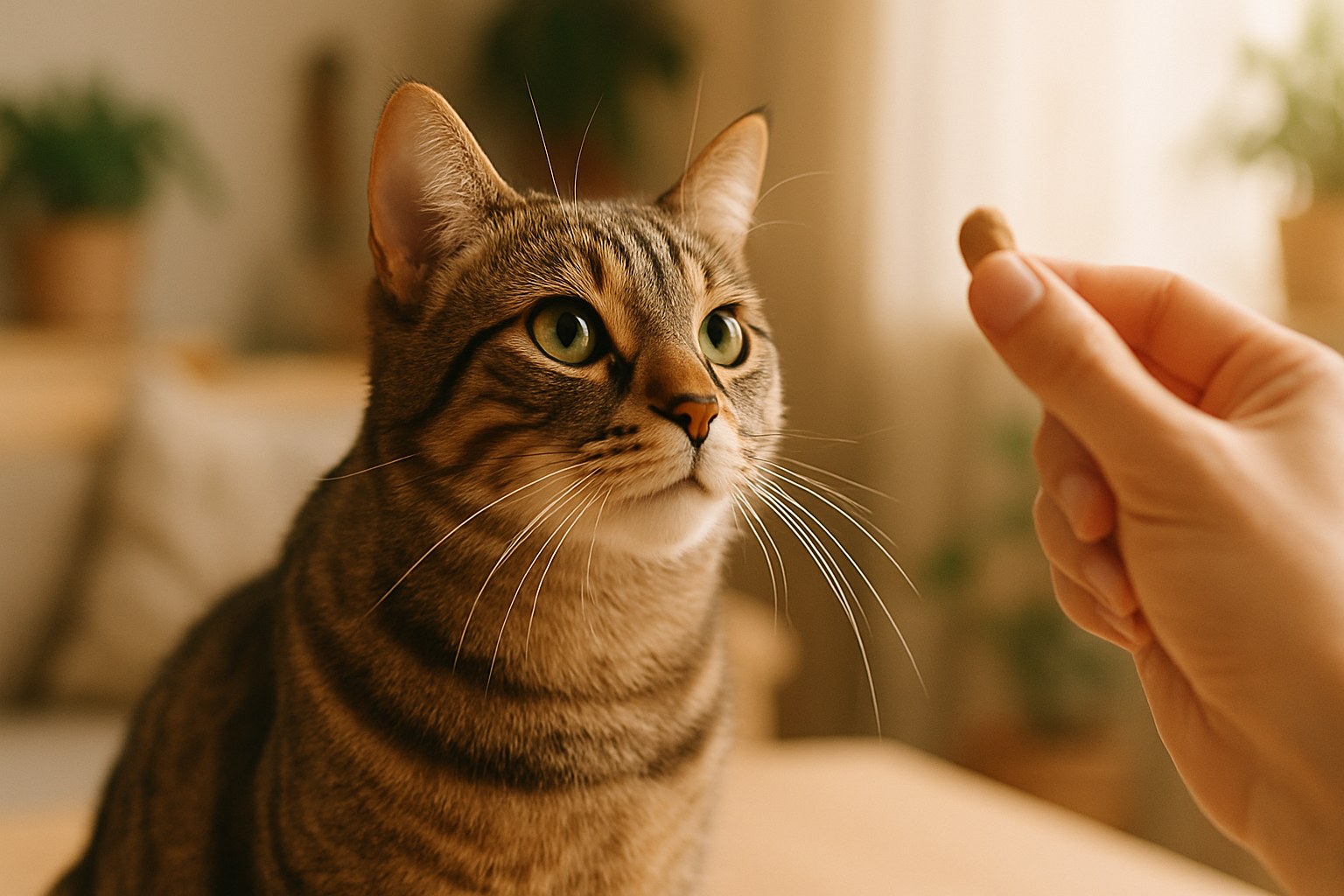 Gatto tigrato che guarda attentamente il proprietario durante sessione di addestramento con rinforzo positivo