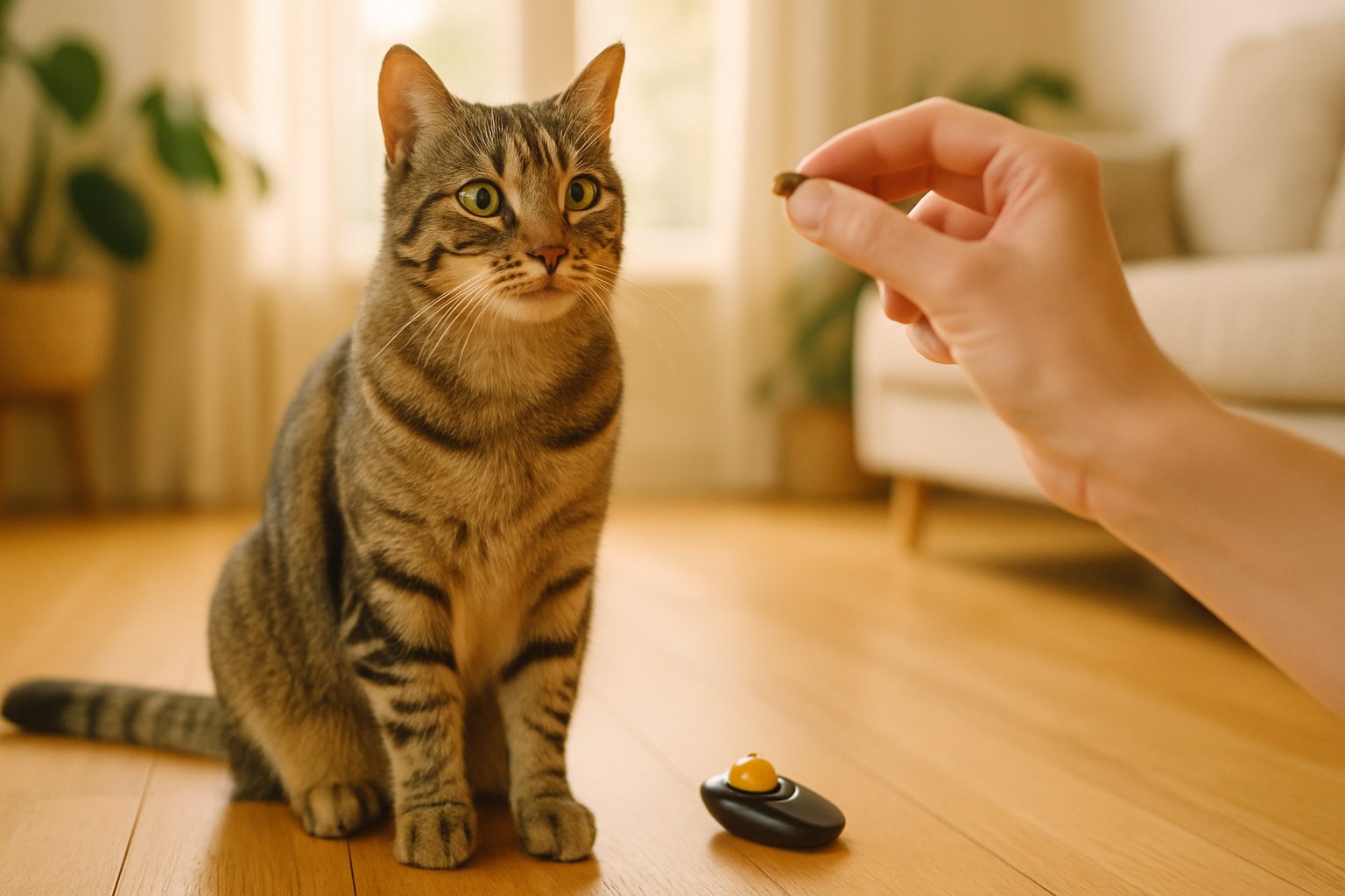 Gatto tigrato seduto attentamente durante sessione di clicker training con proprietario che tiene premio alimentare