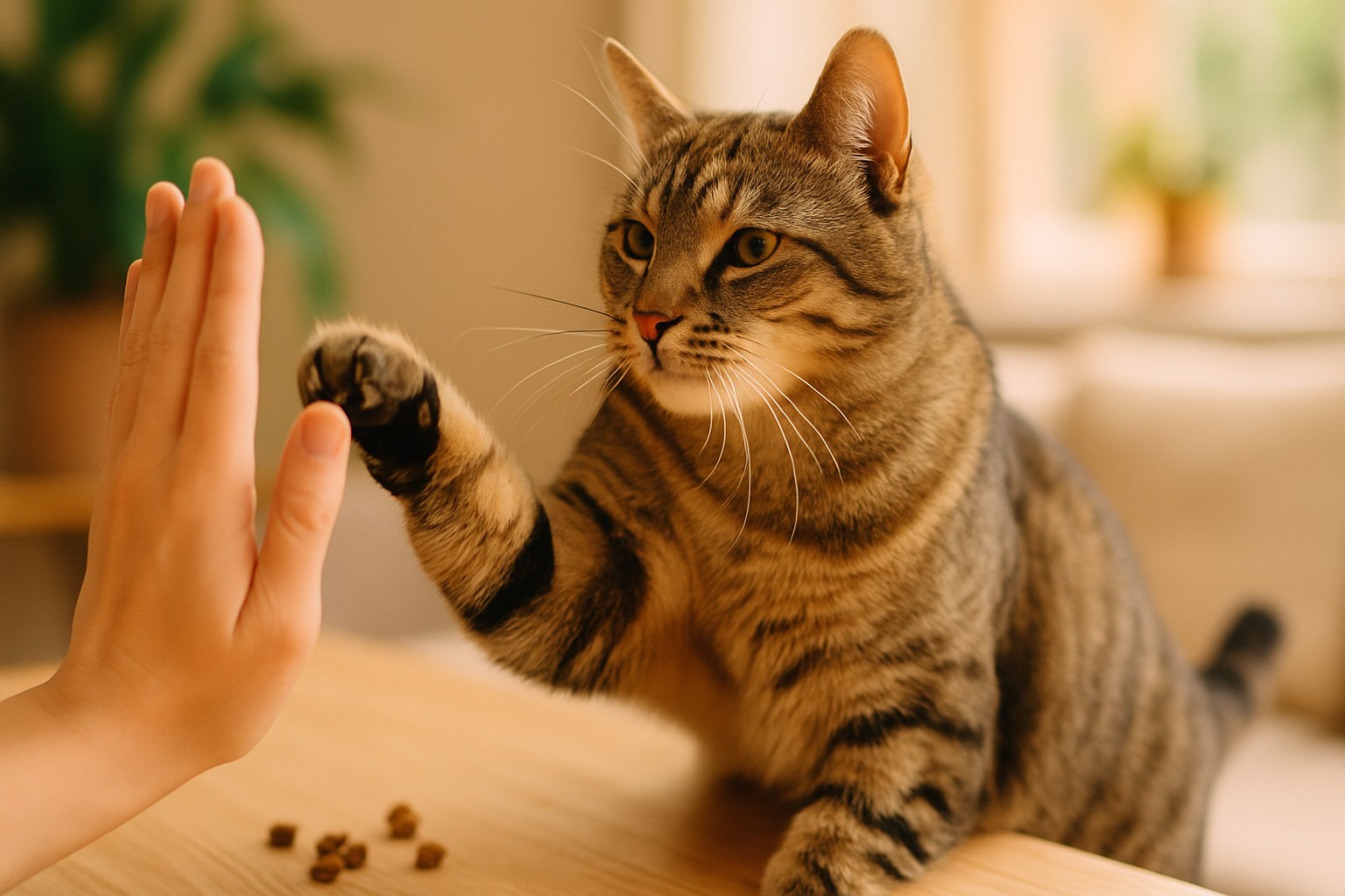 Gatto domestico che alza la zampa anteriore per toccare la mano aperta del proprietario durante sessione di addestramento con bocconcini