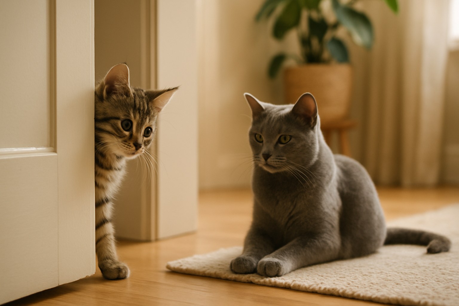 Gattino curioso che osserva un gatto adulto attraverso una porta socchiusa durante la fase di integrazione controllata