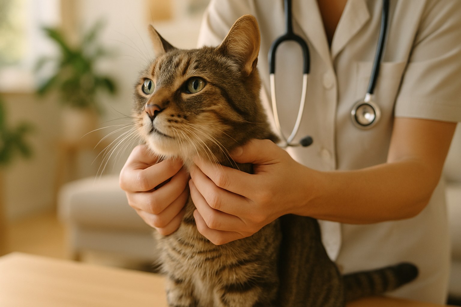 Gatto anziano tigrato visitato da veterinario durante controllo della tiroide con palpazione cervicale
