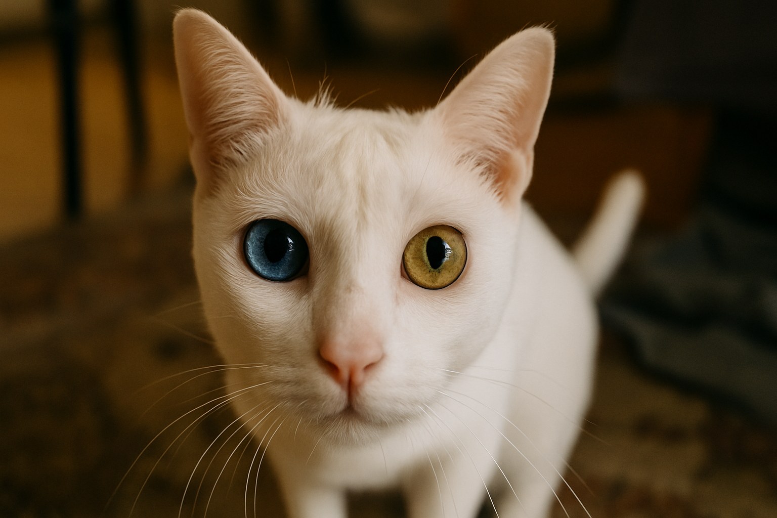 Gatto Khao Manee bianco con occhi uno blu e uno dorato