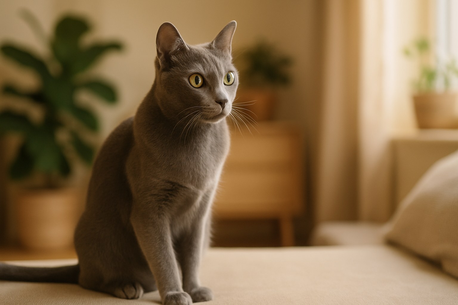 Gatto Korat blu-argento con occhi verdi smeraldo seduto fiero