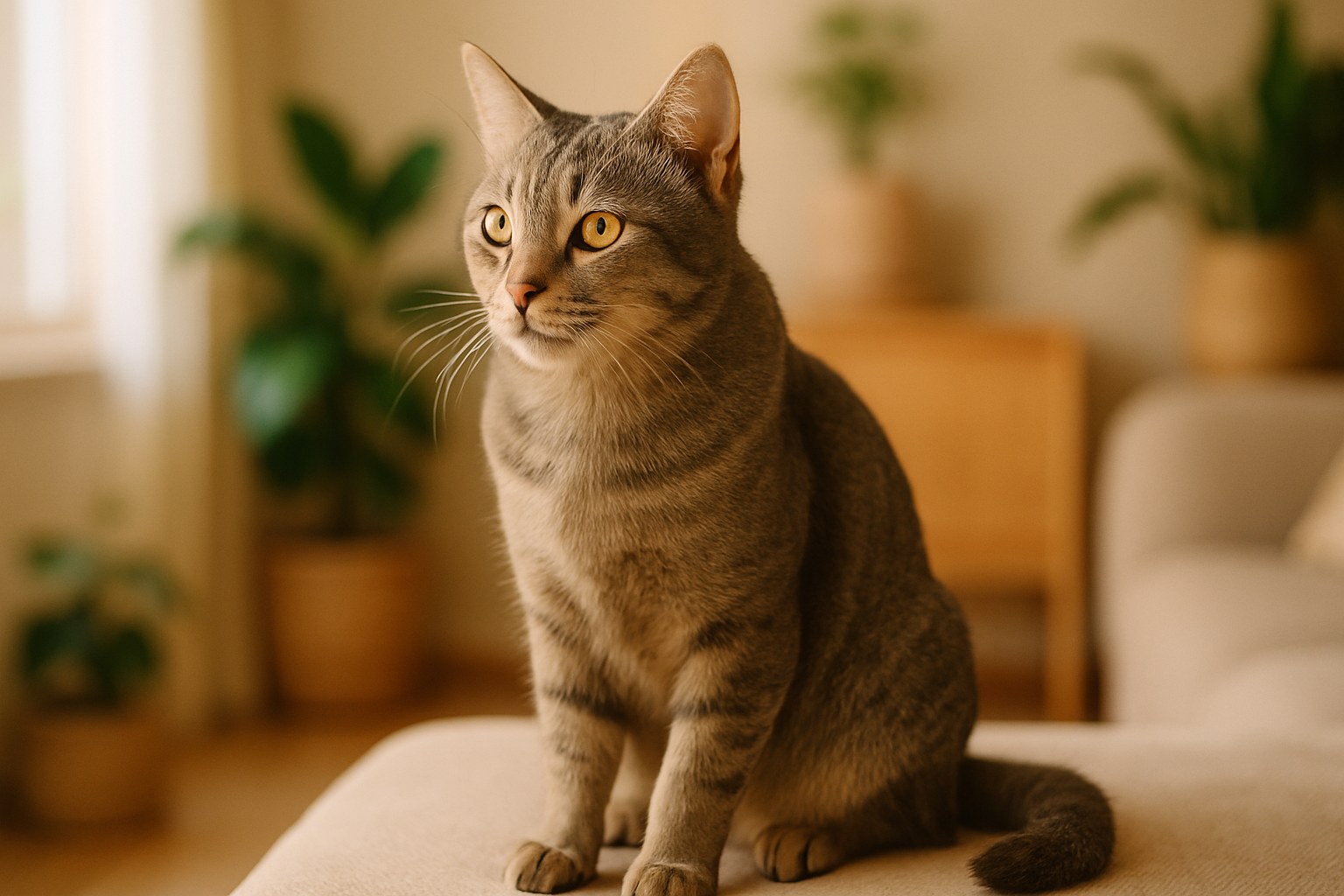 Gatto Korn Ja nero lucido con occhi gialli in posizione elegante