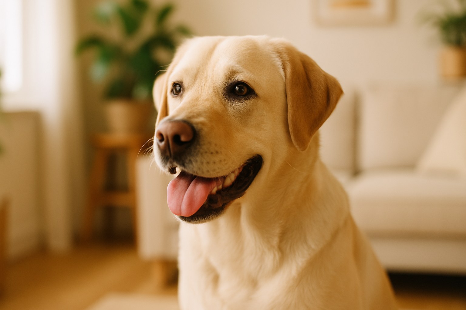 Labrador Retriever giallo seduto su prato verde con sguardo amichevole