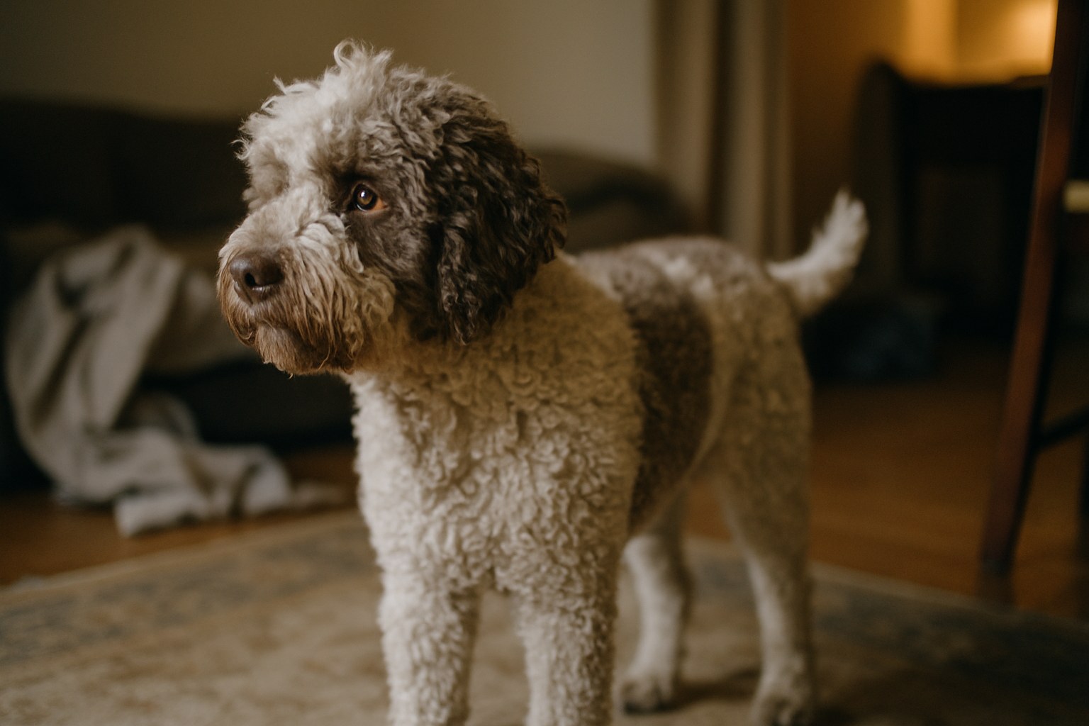 Lagotto Romagnolo riccioluto che cerca tartufi nel bosco
