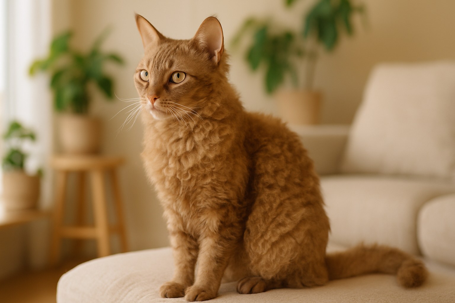 Gatto LaPerm dal pelo riccio rosso e bianco con sguardo curioso