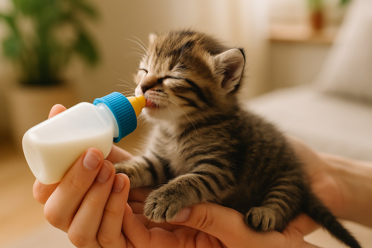 Gattino neonato che beve latte sostitutivo da biberon specifico per cuccioli felini