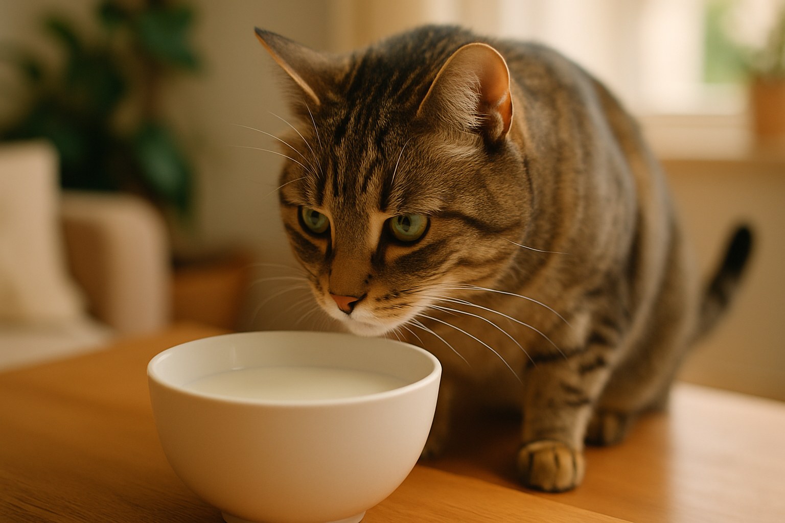 Gatto tigrato adulto che annusa una ciotola di latte bianco su tavolo in legno con espressione curiosa