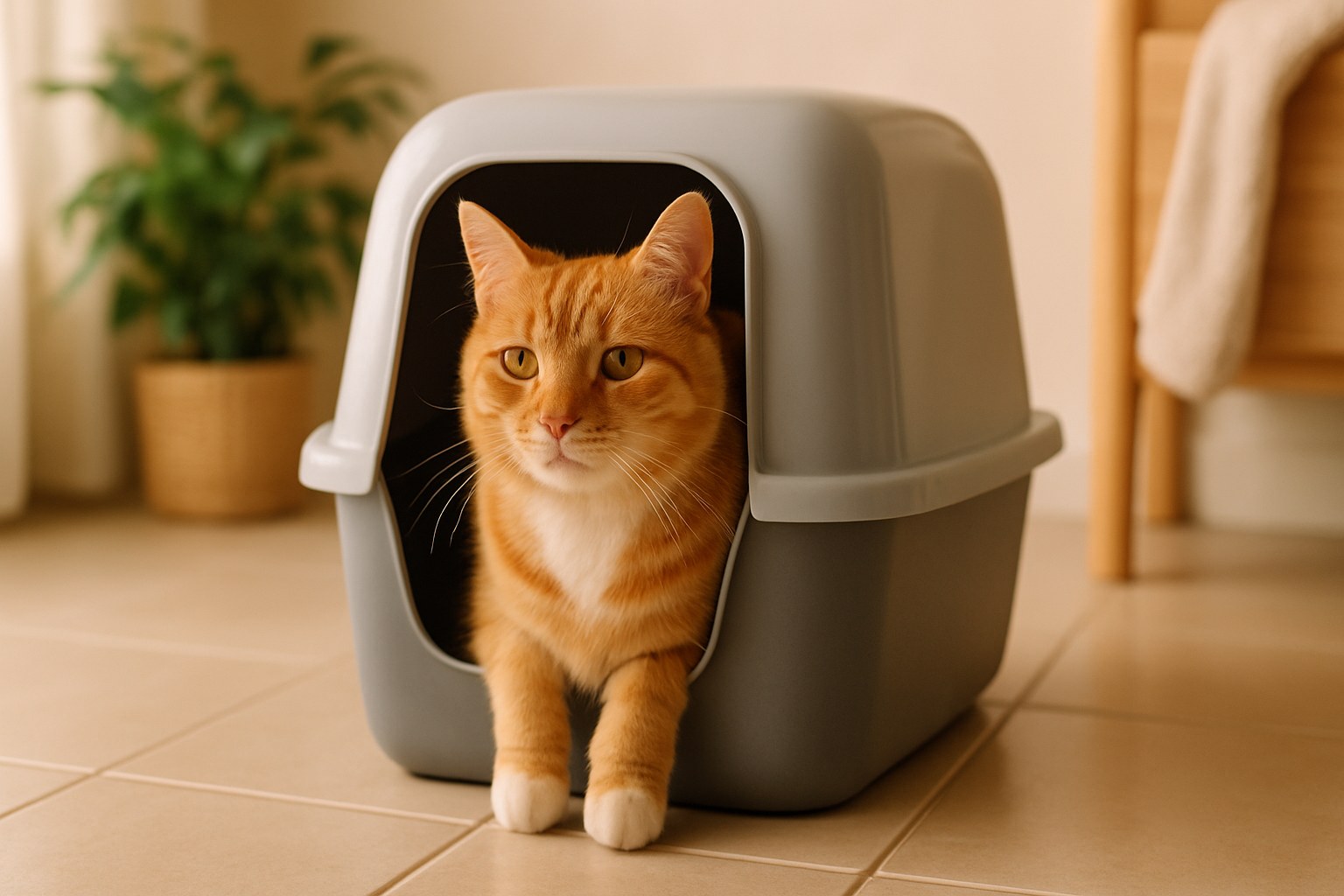 Lettiera moderna per gatti con sabbia agglomerante in bagno
