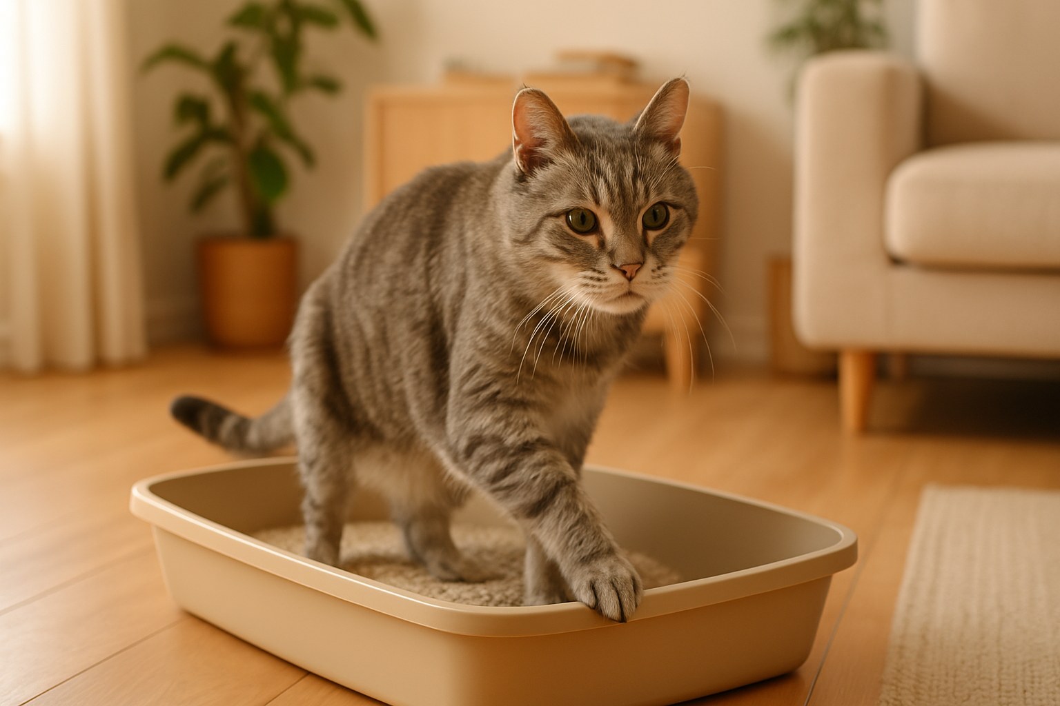 Gatto anziano grigio che entra facilmente in una lettiera con bordo basso e sabbia fine, ambiente domestico luminoso e confortevole