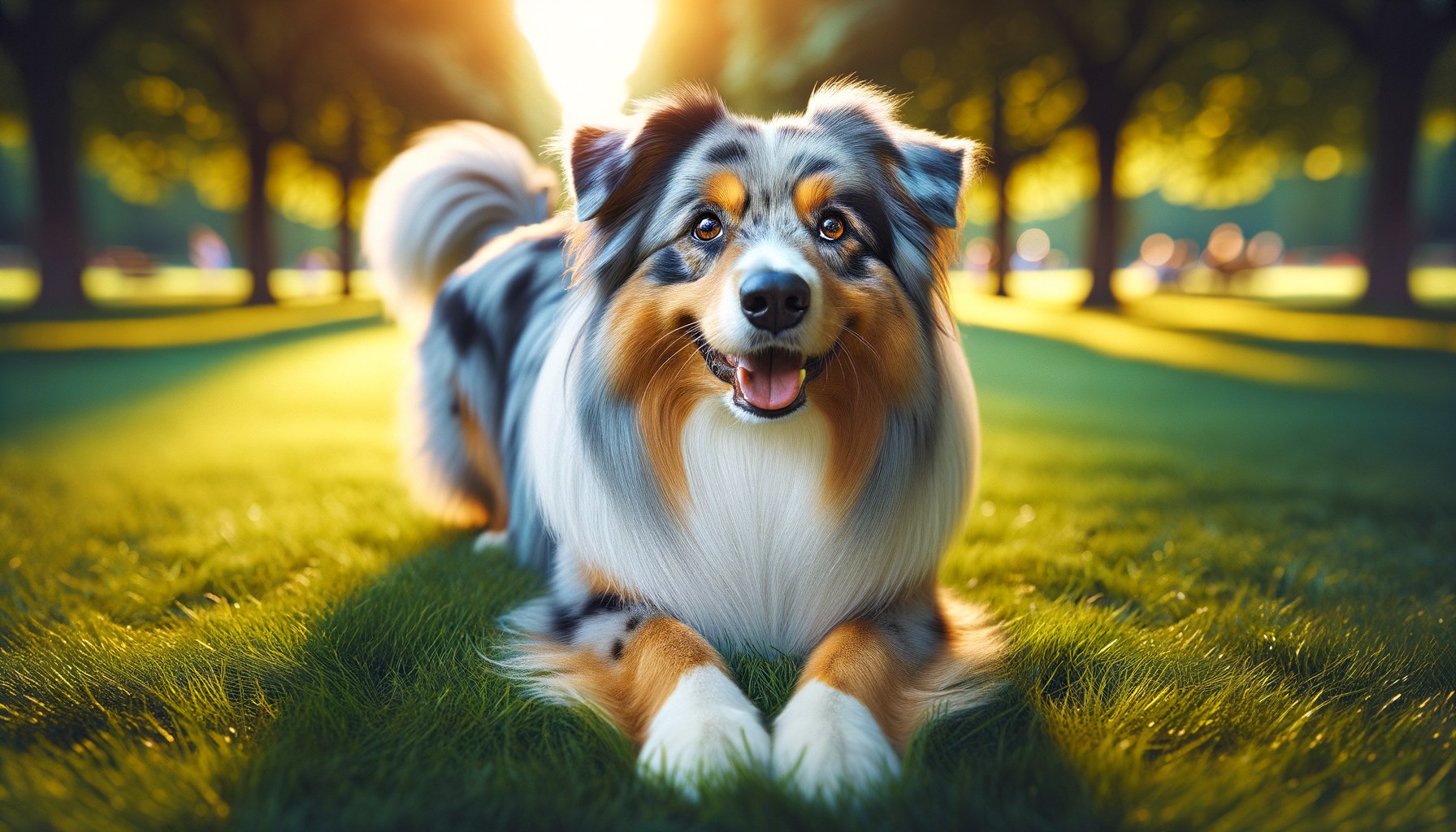 Cane Pastore Australiano in posizione di gioco con le zampe anteriori abbassate