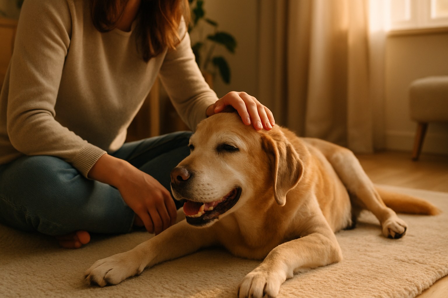 Proprietario che accarezza con tenerezza un cane anziano sdraiato su un prato al tramonto, momento di connessione profonda e ricordo