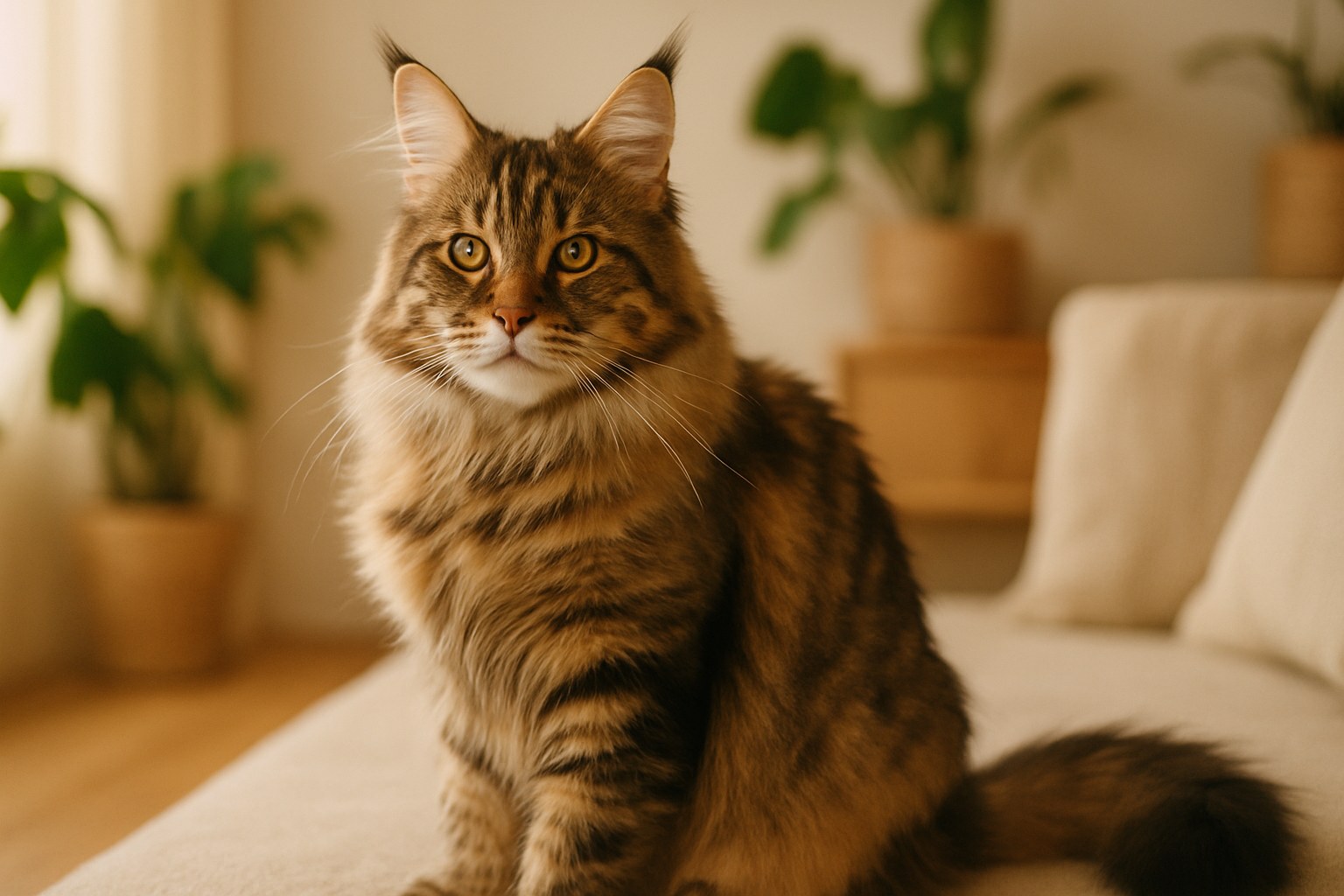 Gatto Maine Coon adulto seduto in modo regale con pelo lungo e ciuffi alle orecchie