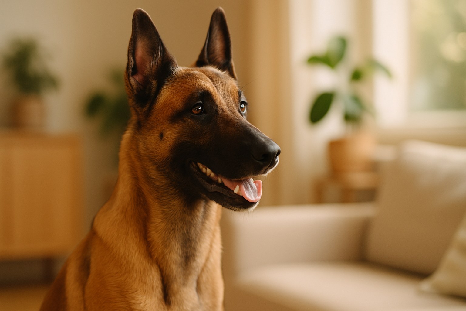Pastore Belga Malinois che corre con sguardo focalizzato in un campo