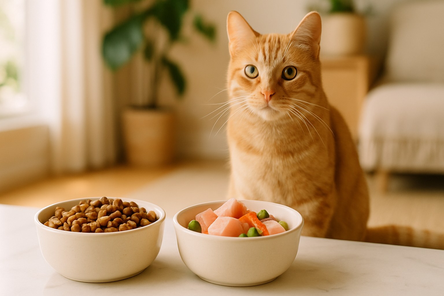 Ciotole con crocchette industriali e carne fresca per gatti affiancate su superficie chiara