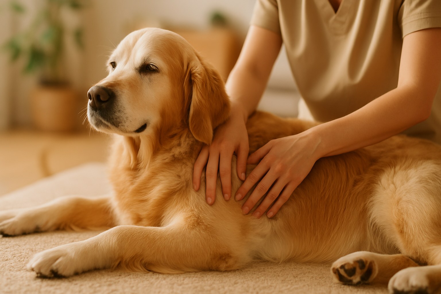 Cane golden retriever anziano che riceve massaggio terapeutico rilassante da mani esperte su tappetino morbido