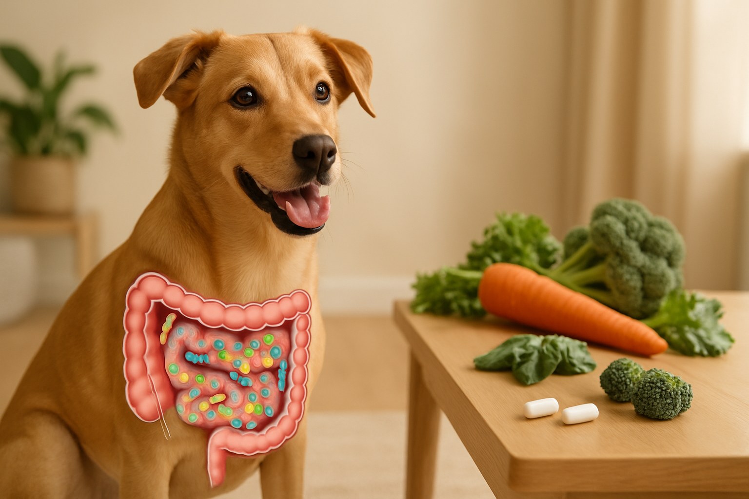 Representação gráfica do microbiota intestinal do cão com bactérias benéficas e sistema digestivo canino