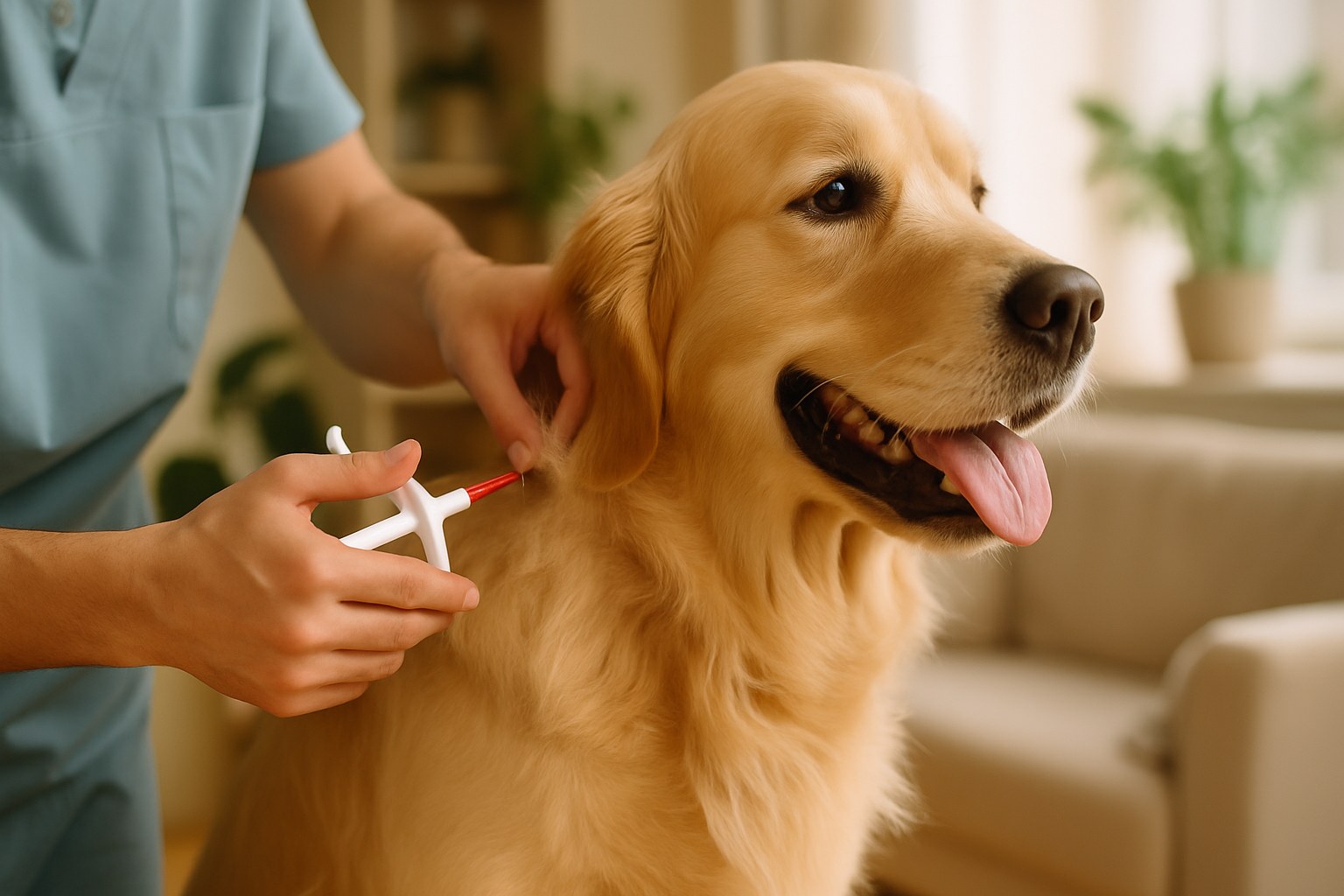 Tierarzt setzt einem Hund während einer Praxisvisite mit einer speziellen Spritze einen subkutanen Mikrochip