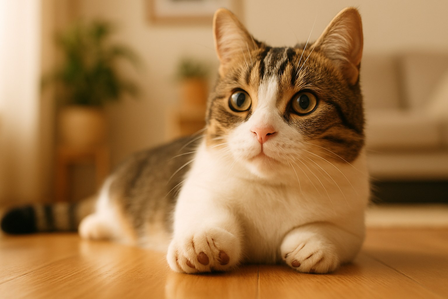 Gatto Munchkin dalle zampe corte e mantello a macchie su tappeto