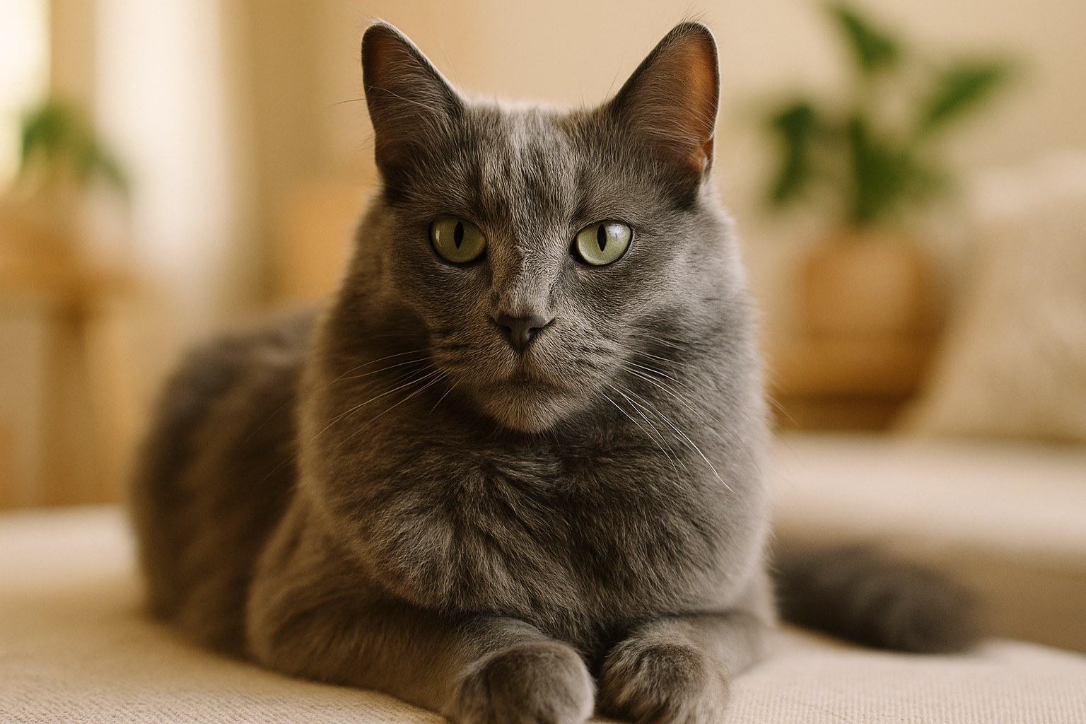 Gatto Nebelung con mantello blu argentato semilungo e occhi verdi
