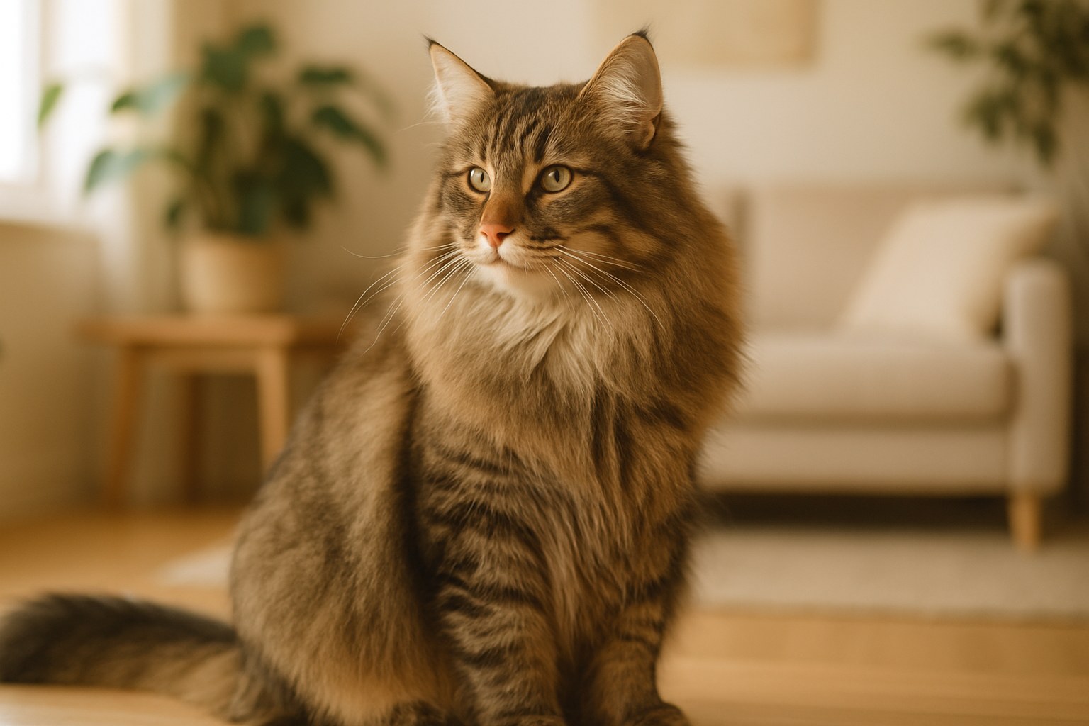 Gatto Norvegese delle Foreste maestoso con pelo lungo argenteo seduto su un tronco