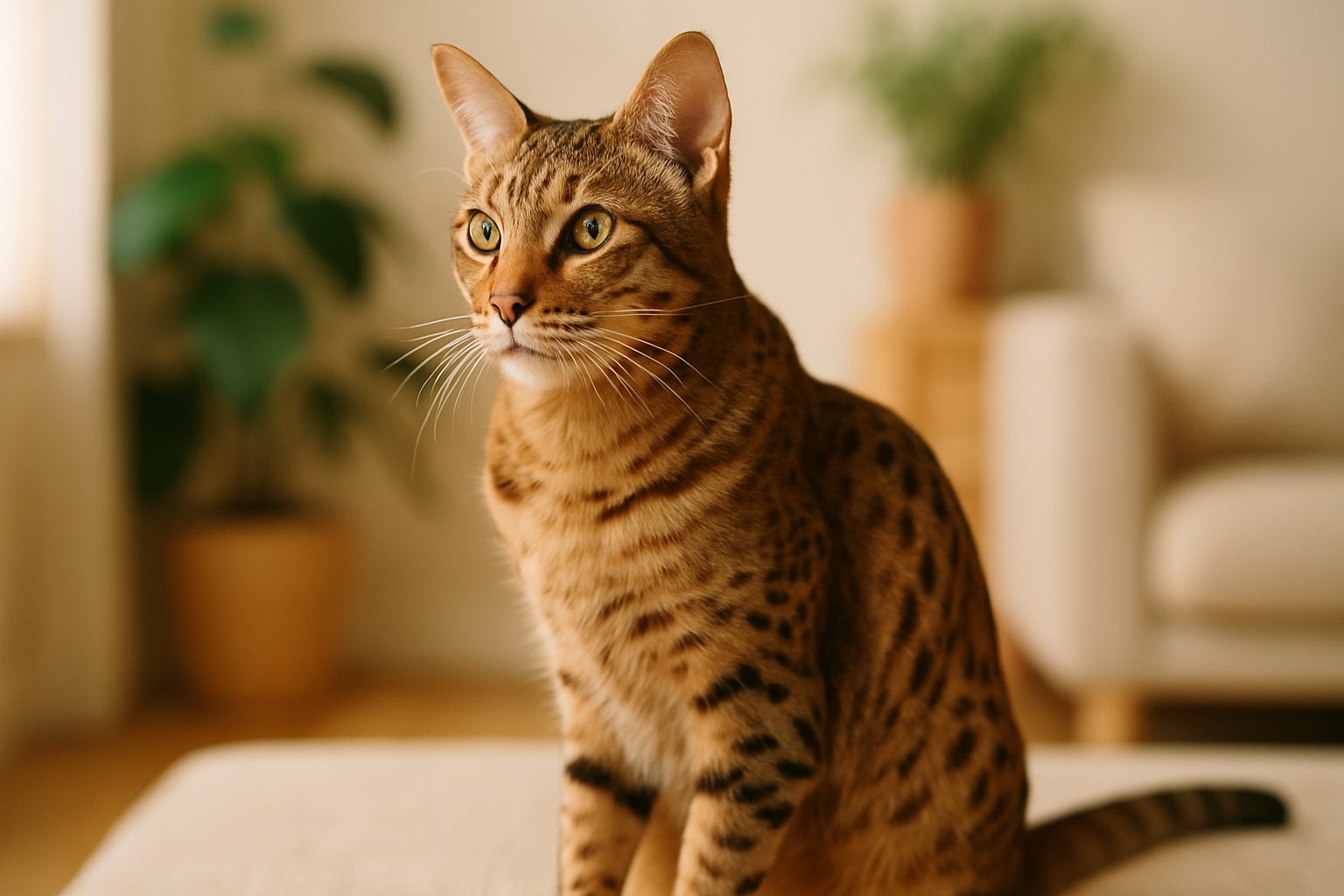 Gatto Ocicat con mantello bronzo maculato e occhi vivaci