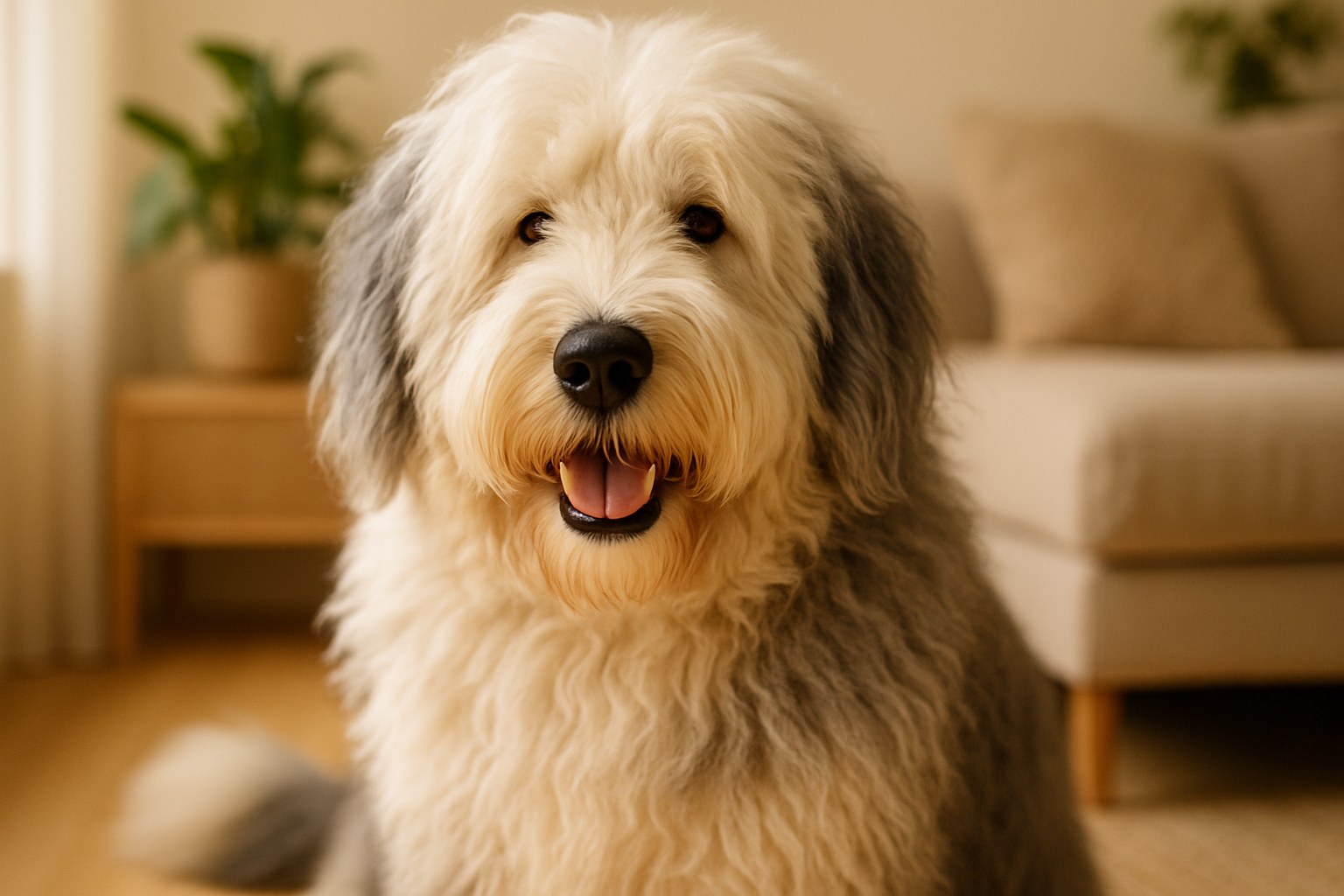Old English Sheepdog grigio e bianco con pelo lungo che copre gli occhi
