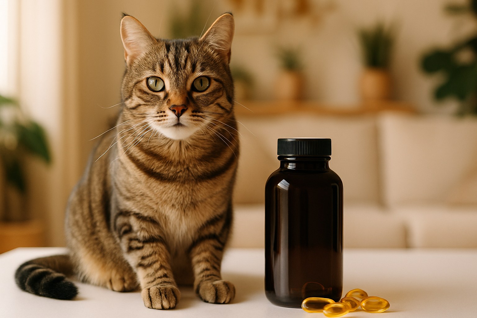 Gatto soriano dal pelo lucido e sano accanto a una bottiglia di olio di pesce e capsule omega-3 per integrazione alimentare felina