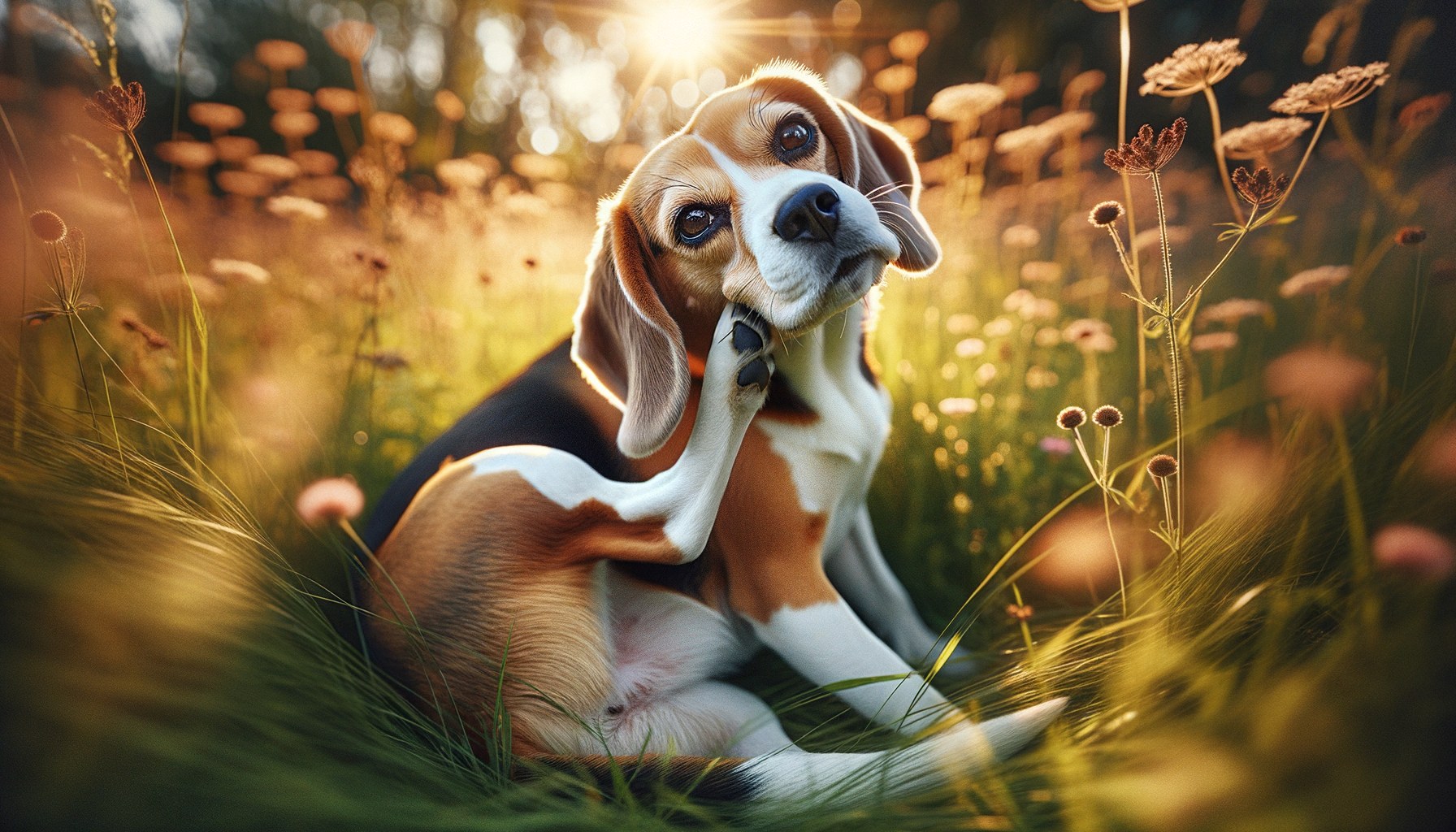 Cane Beagle che si gratta tra l'erba in giardino