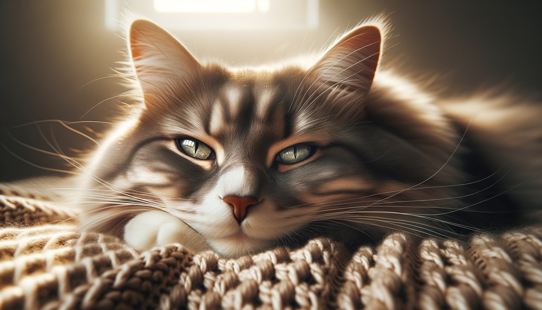 Primo piano di un gatto tigrato che fa le fusa appoggiato sul petto del proprietario