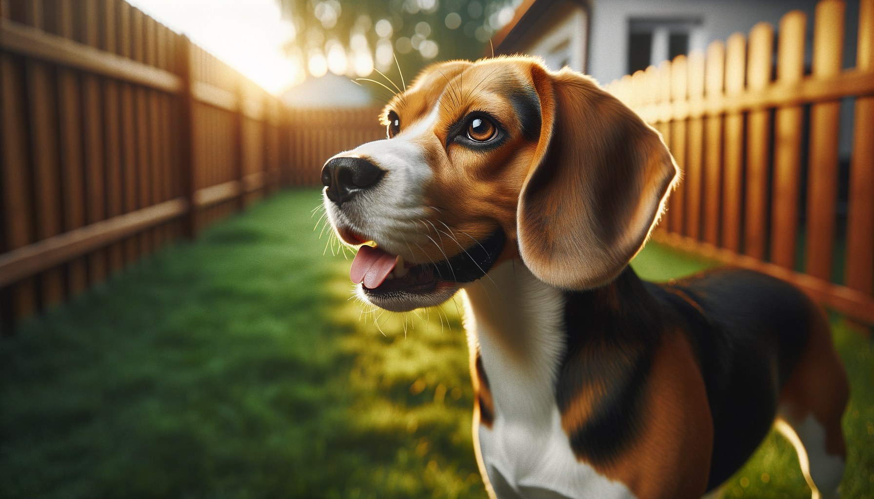 Cane Beagle che abbaia in giardino con la bocca aperta