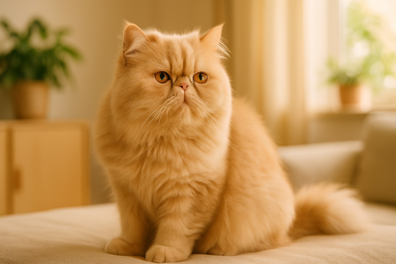 Gatto Persiano bianco a pelo lungo seduto regale su divano in velluto