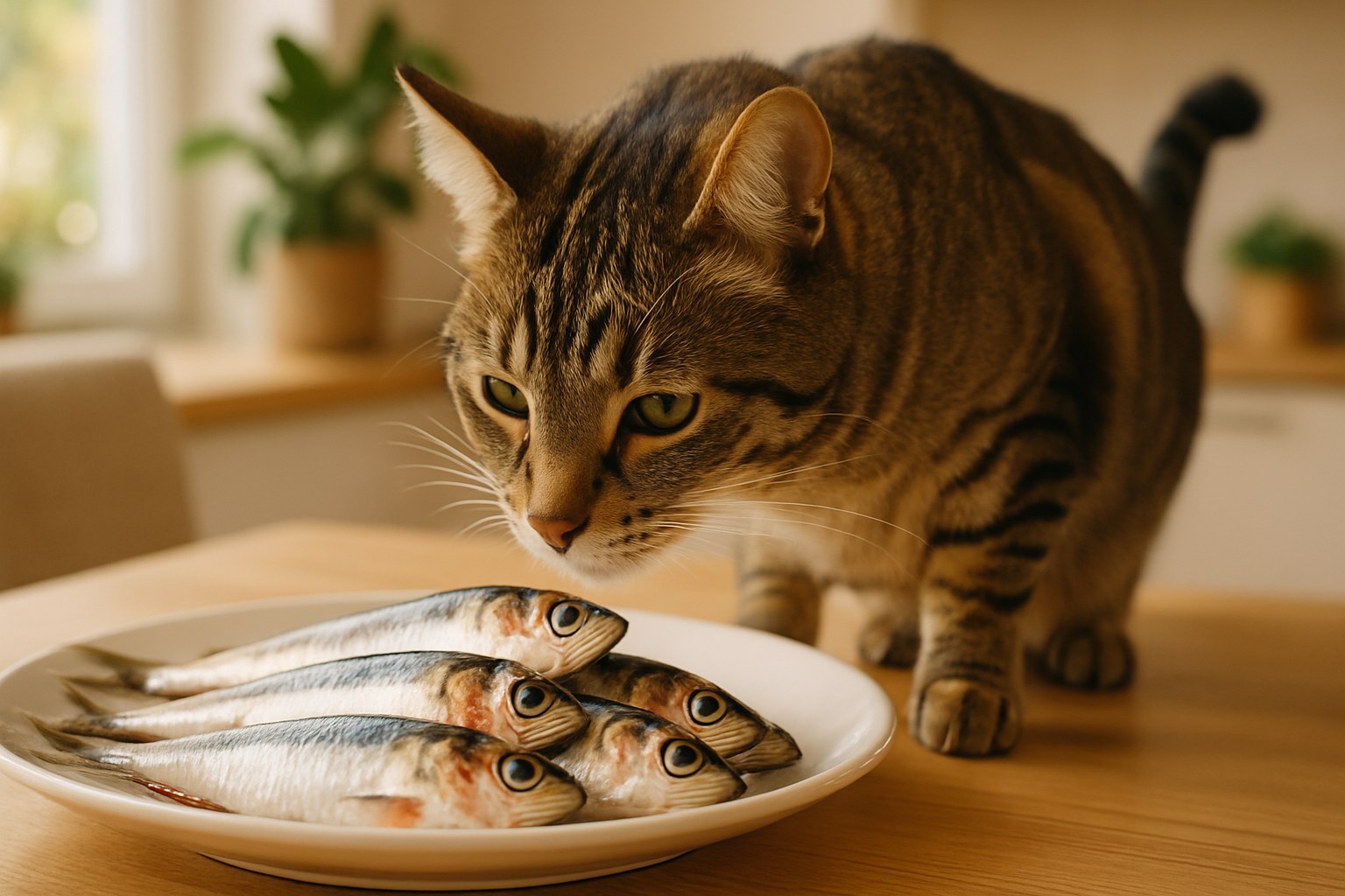 Gatto domestico che annusa sardine fresche crude su piatto bianco in cucina moderna