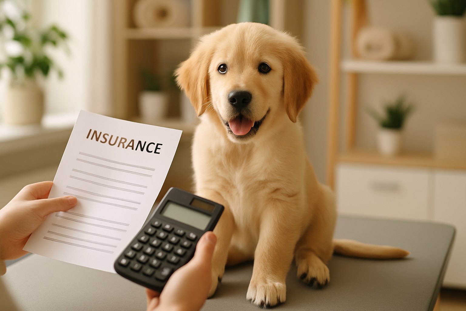 Cucciolo di cane dal veterinario con proprietario che consulta documenti assicurativi per polizza pet