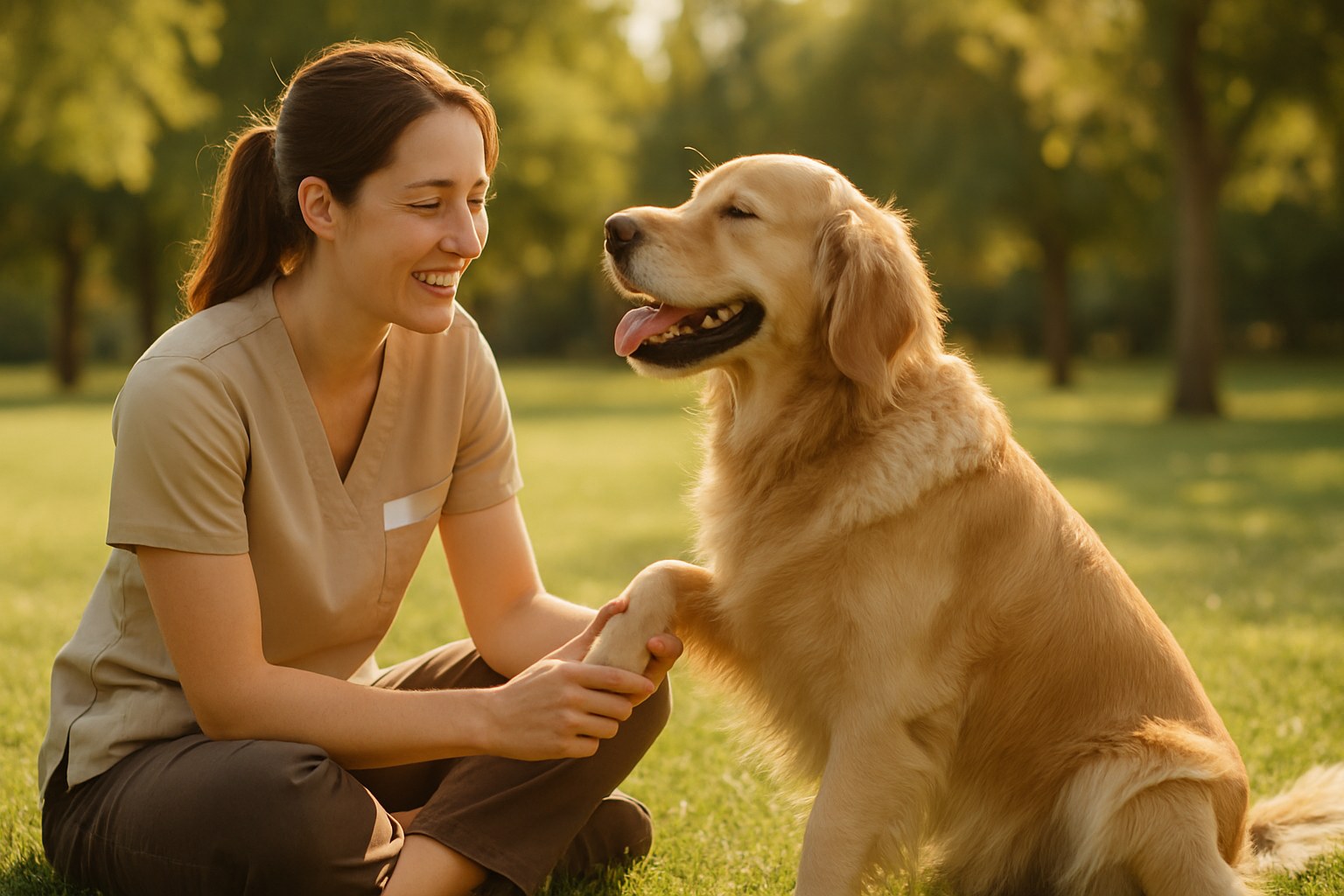 Pet sitter professionista che gioca con un cane felice in un parco durante una passeggiata