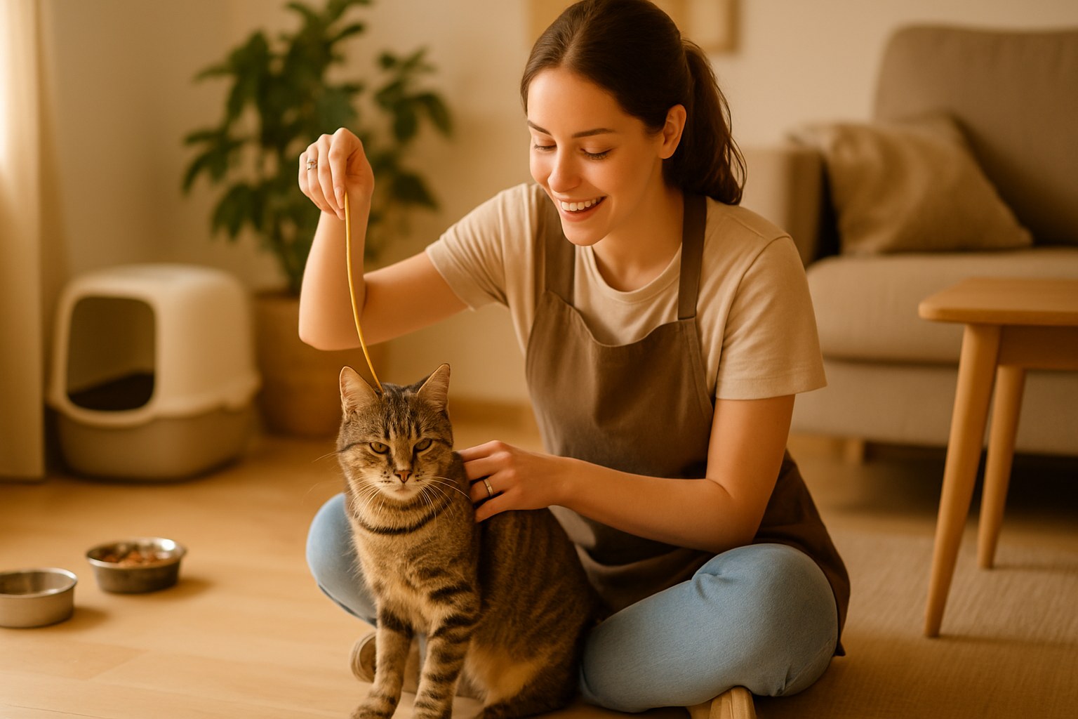 Pet sitter professionista che gioca con gatto tigrato in ambiente domestico accogliente con lettiera pulita e ciotole