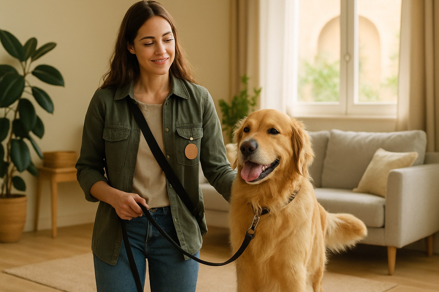Pet sitter professionista che passeggia con cane al guinzaglio in parco urbano italiano