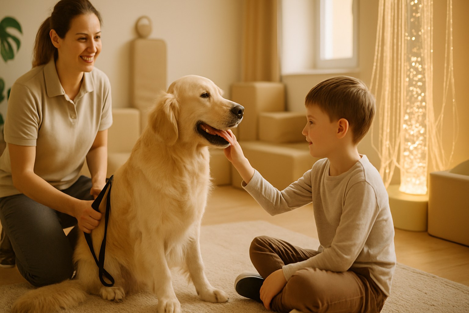 Cane Golden Retriever certificato per pet therapy durante seduta IAA con bambino in centro specializzato italiano