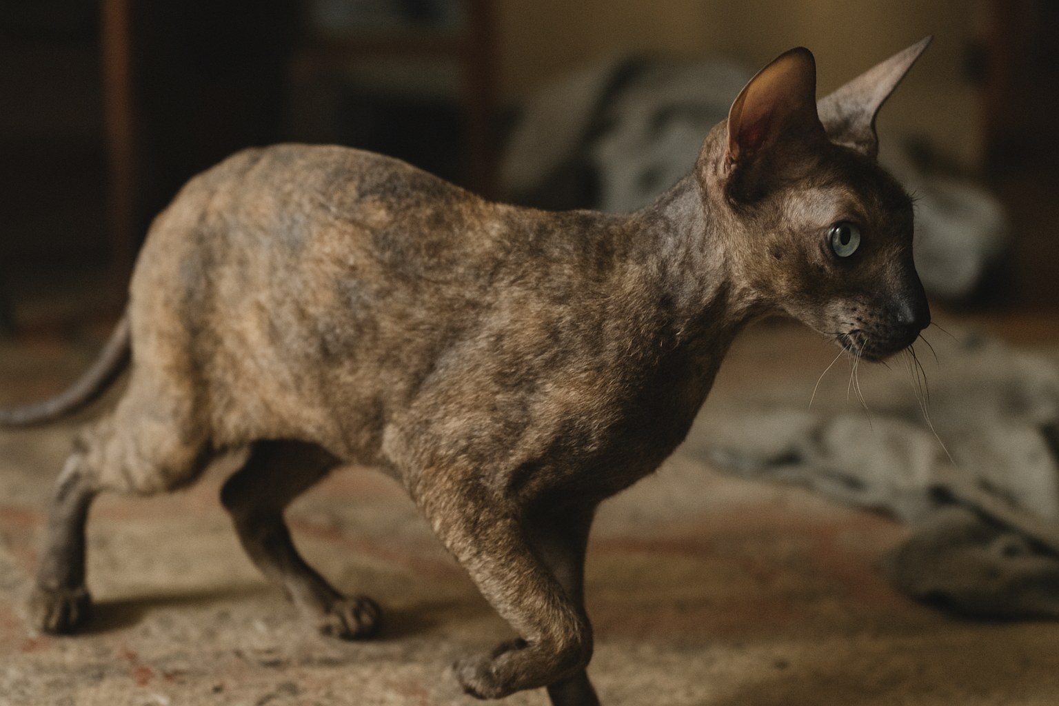 Gatto Peterbald senza pelo con orecchie grandi su sfondo neutro