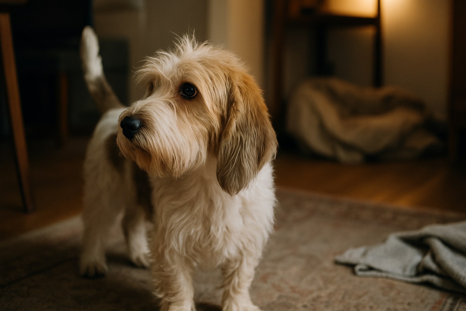 Petit Basset Griffon Vendéen bianco e fulvo con pelo ruvido