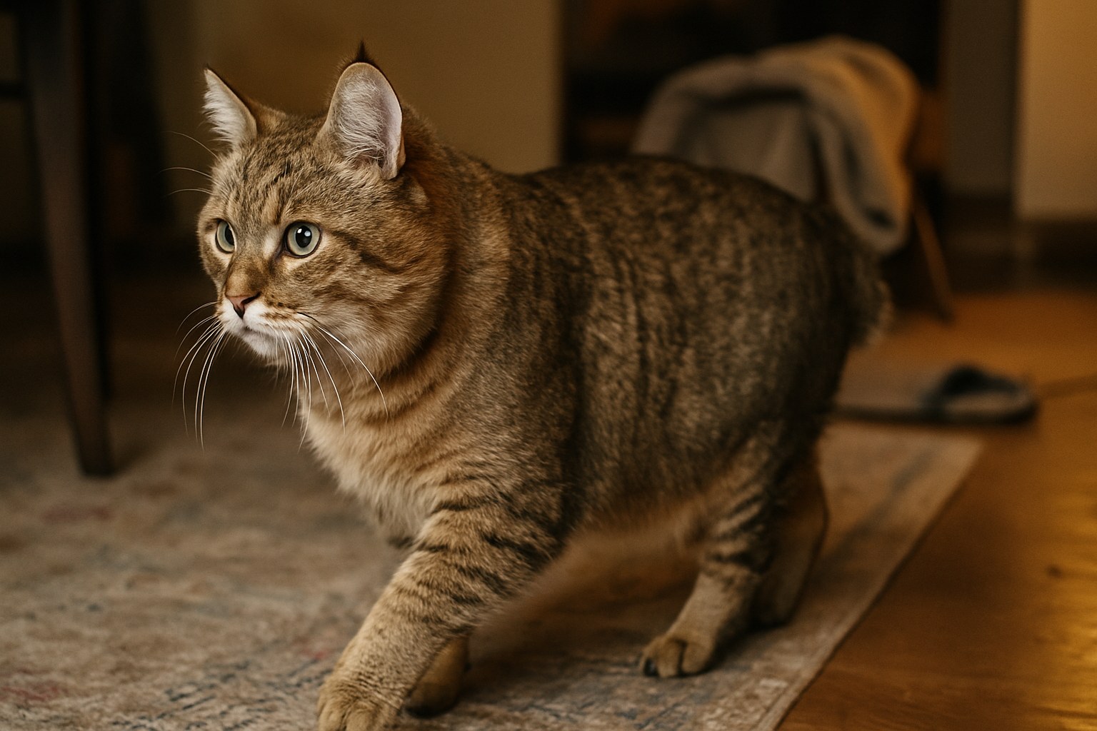 Gatto Pixie-bob con ciuffi alle orecchie e coda corta in posa fiera
