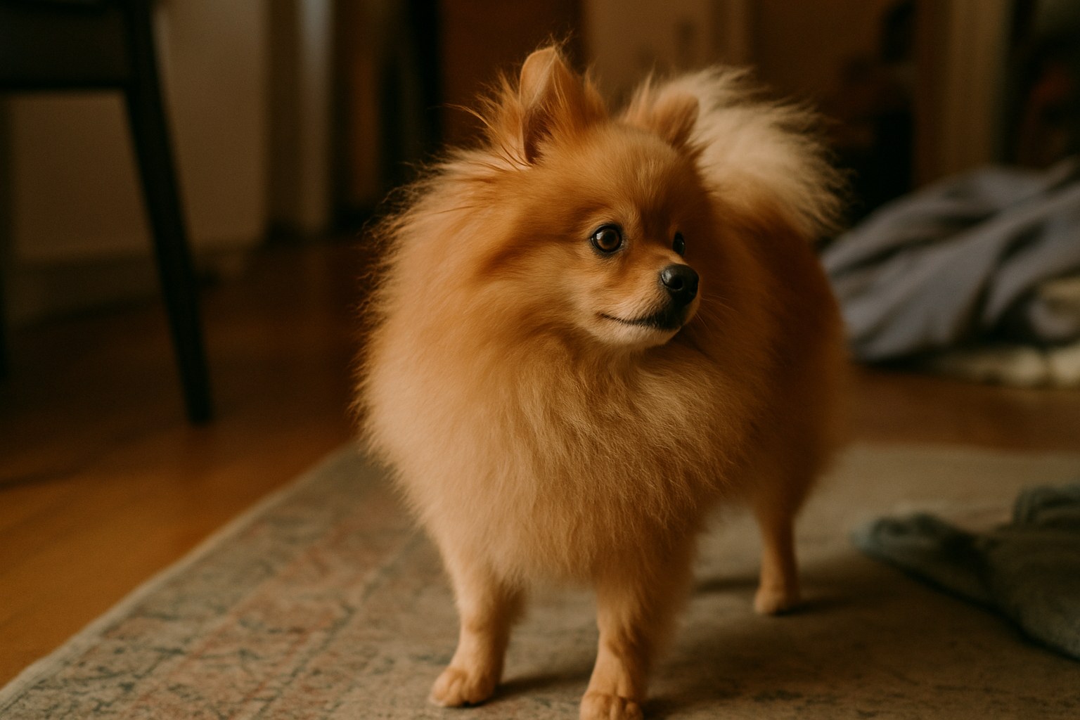 Pomerania arancione fluffy in posa con espressione "da volpe"