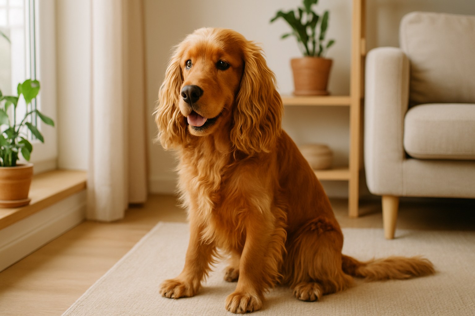 Cane di taglia media tranquillo sotto la scrivania di un ufficio luminoso
