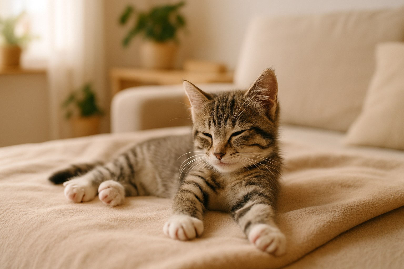 Gattino piccolo che dorme accoccolato su una coperta morbida