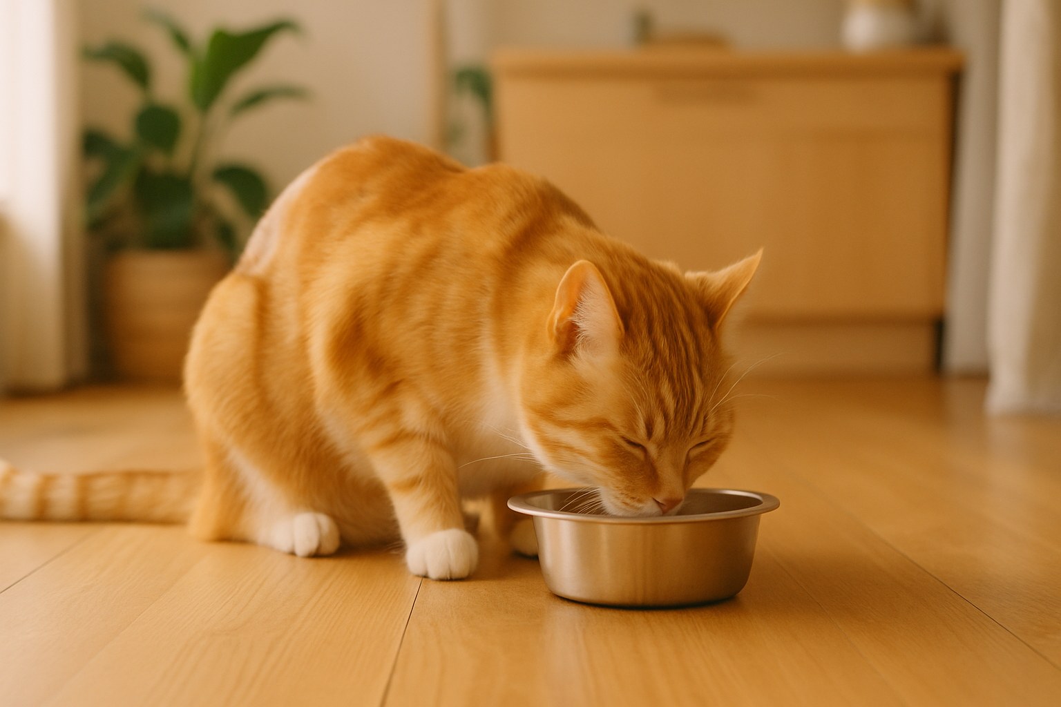 Gatto soriano che mangia da una ciotola con integratore probiotico aggiunto