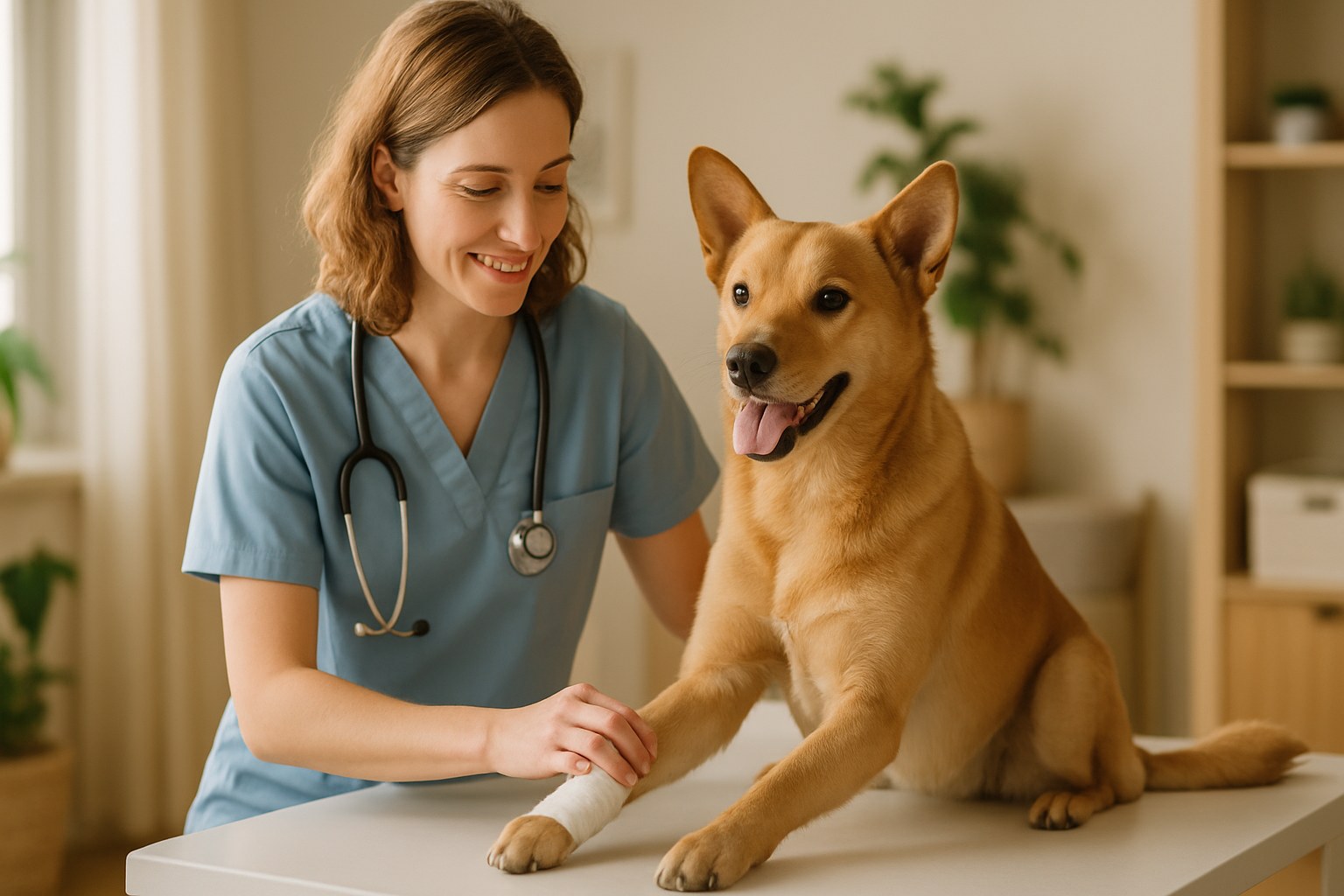 Un veterinario che aiuta un cane ferito su un tavolo da visita
