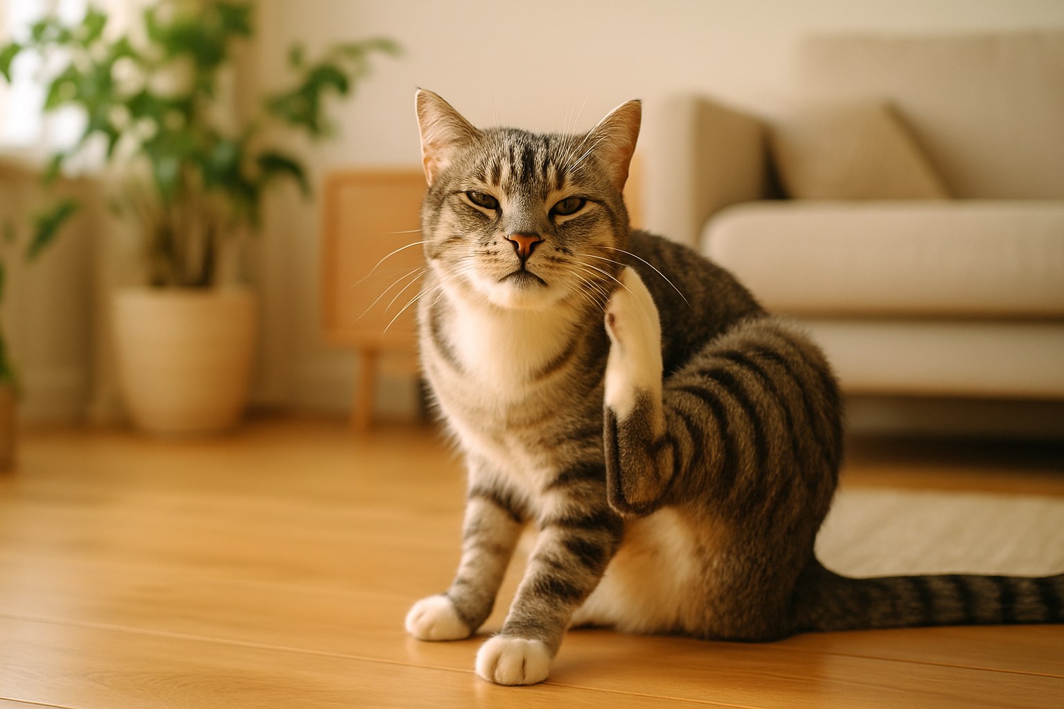 Gatto che si gratta intensamente vicino alla coda