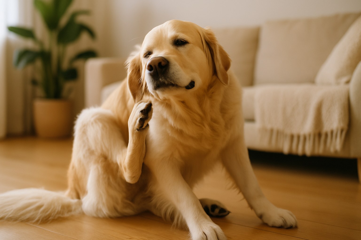 Cane con collare antiparassitario in primo piano