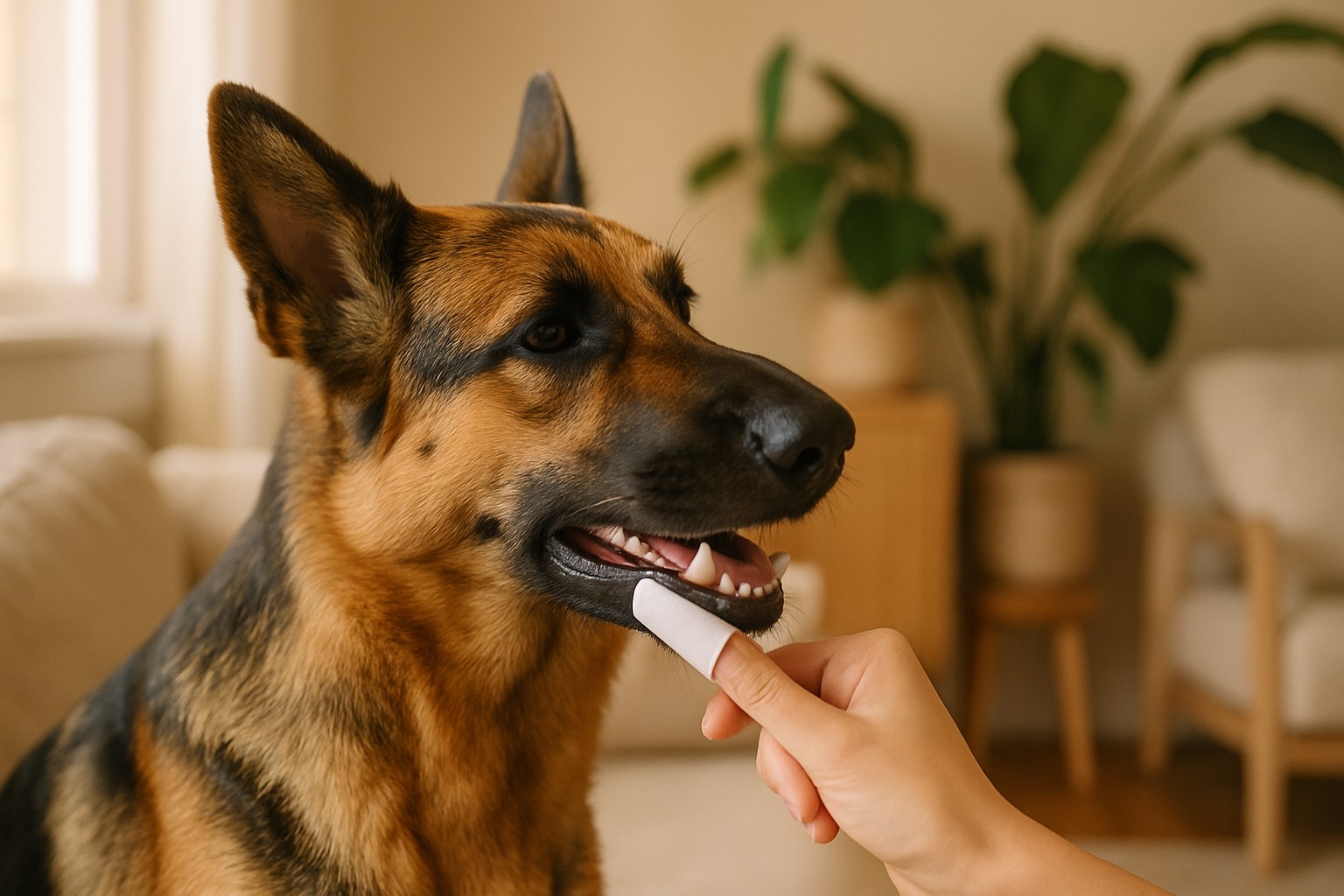 Persona che spazzola i denti a un cane labrador con dentifricio veterinario